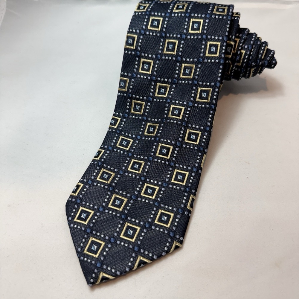 Vintage Ermenegildo Zegna Silk Tie Navy Blue Gold Geometric Squares Italy
